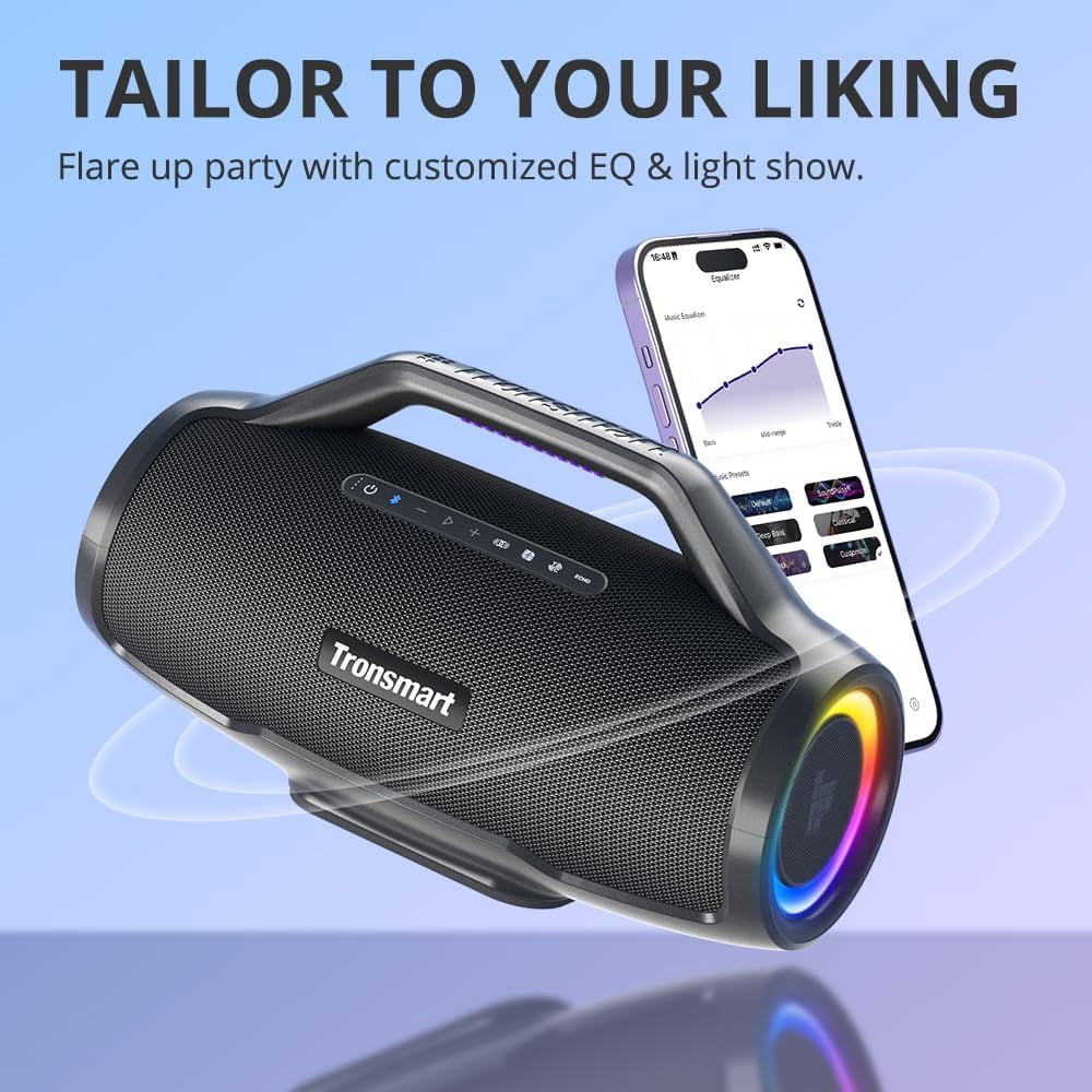 Tronsmart Bang Max 130W Bluetooth Party Speaker, IPX6 Waterproof, 24-Hour Battery, Custom EQ & Light Show, Bass boost, Sync 100+ Units Outdoor Portable Wireless Speaker for DJ & Poolside