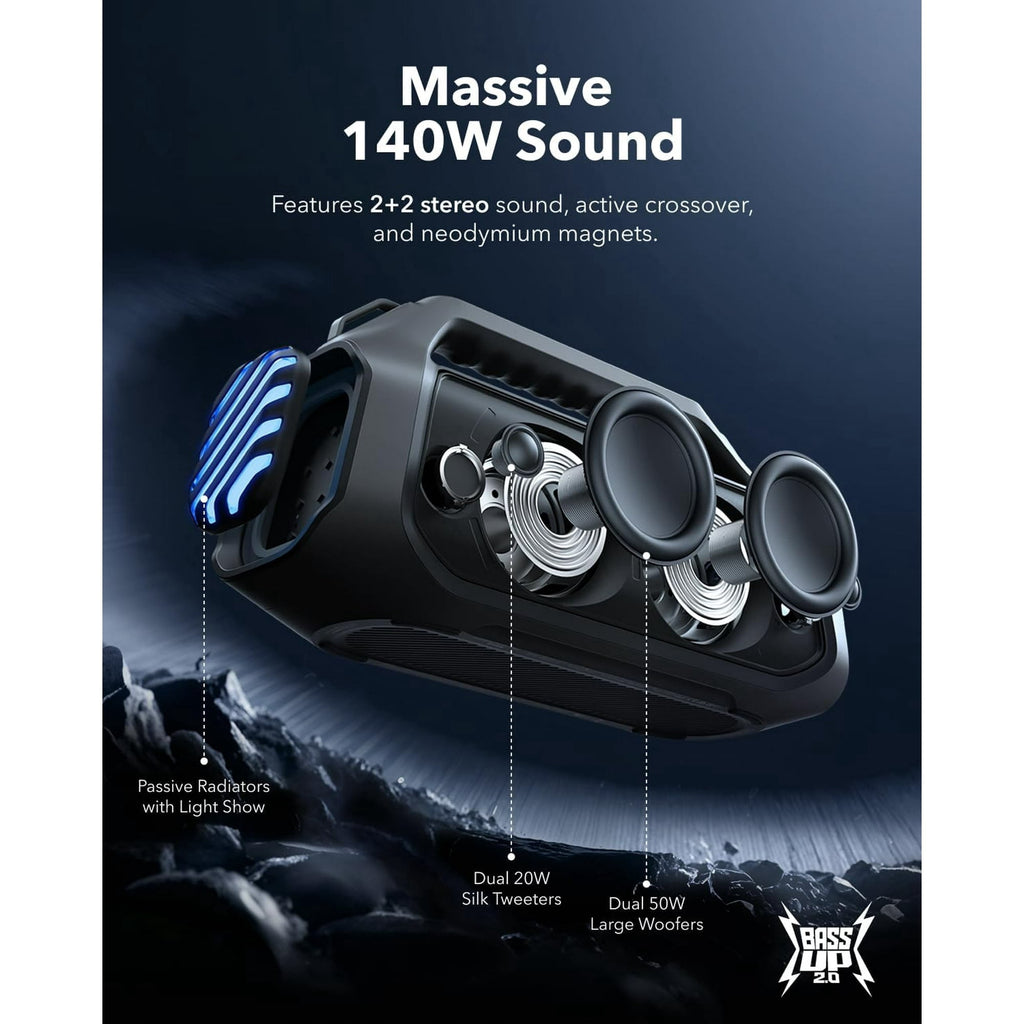 Soundcore Boom 2 Plus By Anker, Outdoor Speaker, 140W, 2+2 Channel, BassUp 2.0, 20H Playtime, Black