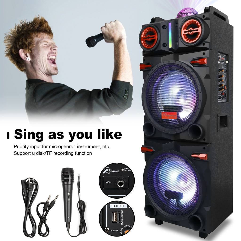 Lohoms Portable Wireless Speaker, Dual 10" Subwoofer & 1" tweeter Trolley Bluetooth Speaker W/ Microphone Heavy Bass Stereo Woofer Party Sound PA System, AUX, FM, Remote, LED Light, 40.5" H