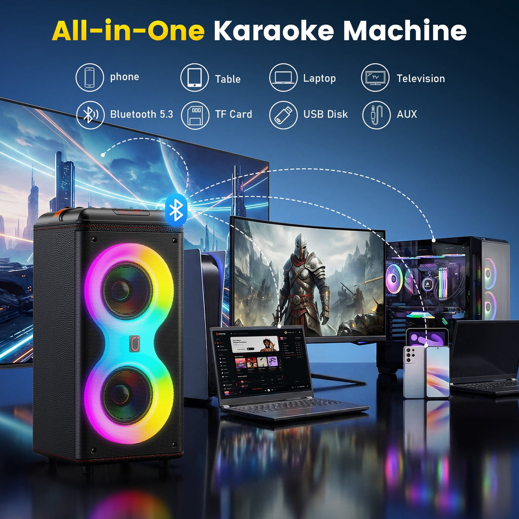 JYX Bluetooth Speaker, Dual 6.5'' Subwoofer Portable Party Speaker System for Outdoor, Deep Bass Party Box with Led Lights, T27-T