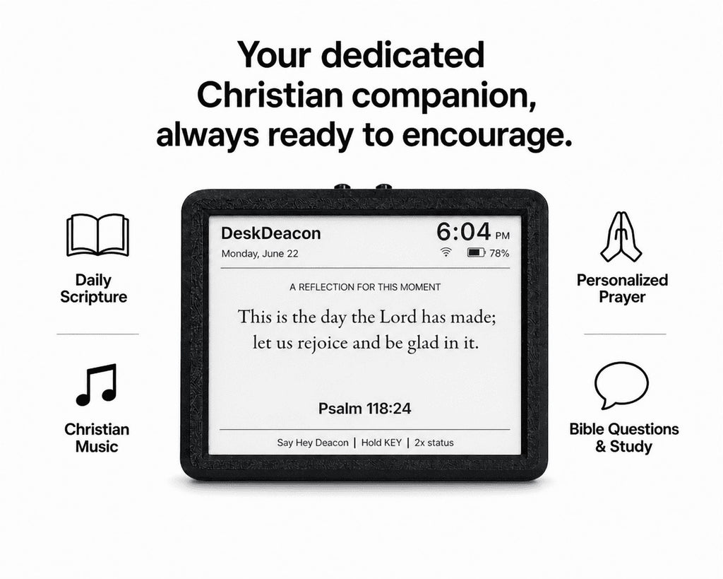 Desk Deacon™ – Christian Desk Robot Companion for Daily Scripture, Personalized Prayer, Christian Music & Bible Study | Smart Speaker | Voice-Activated Dedicated Faith Device | Wi-Fi Enabled