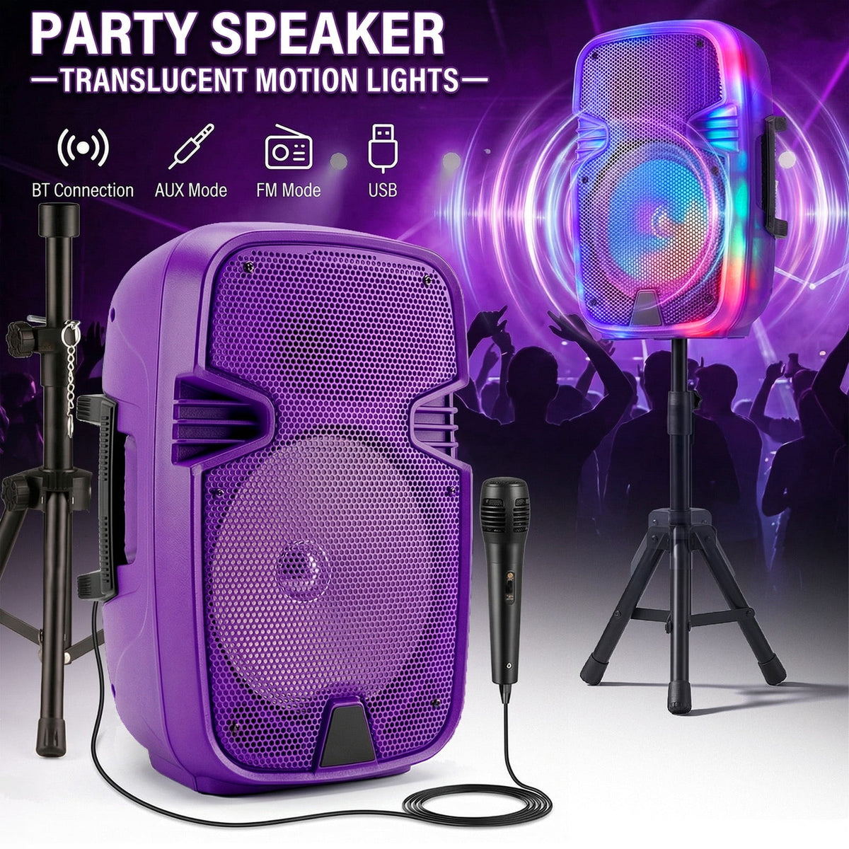 Portable BT Wireless Party Speaker with Translucent Light & Stand - Choose 8" (5 Colors) or 12", Includes Wired Mic, Remote, TWS, BT ConnectionUSB/TF/FM for Karaoke & Outdoor