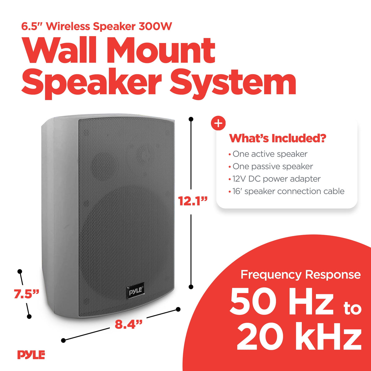 Pyle 6.5" Wireless Wall Mount Speaker System, Indoor or Outdoor Use, Gray