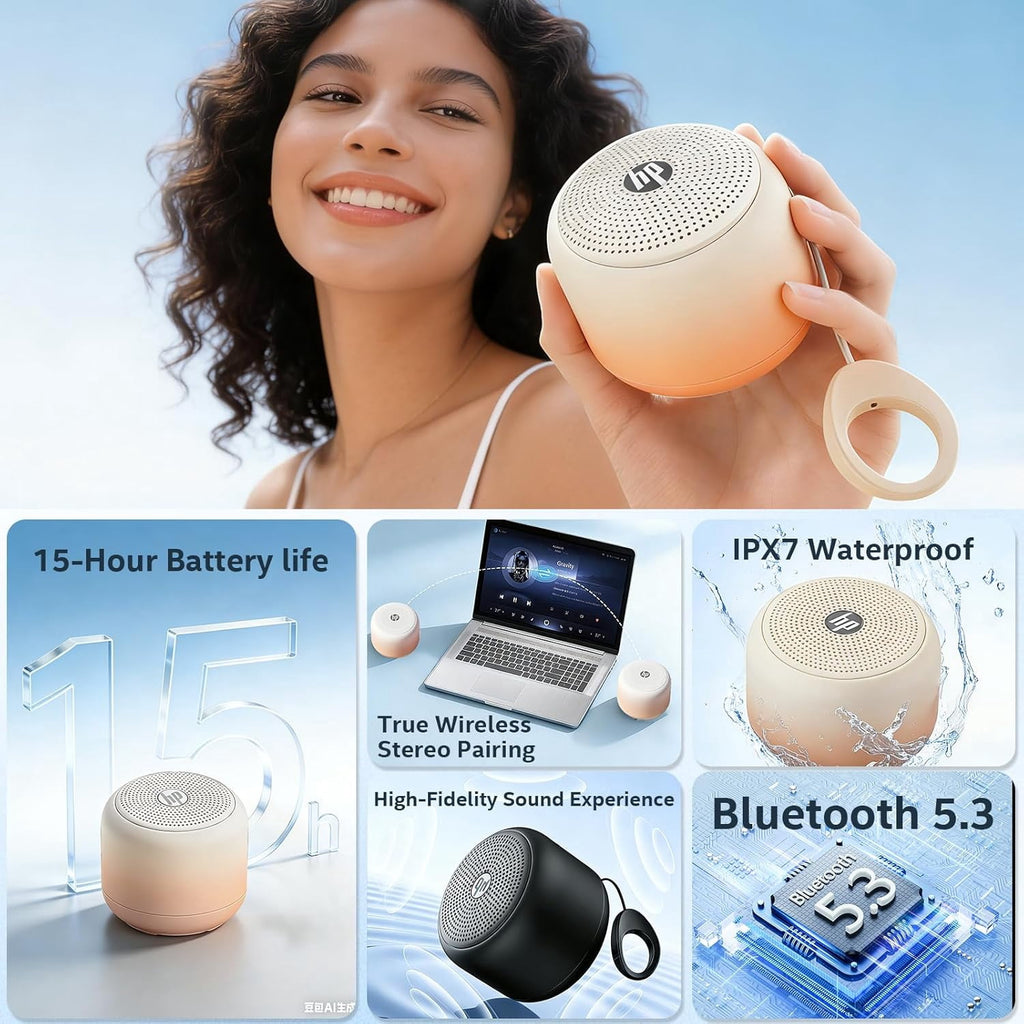 HP Portable Bluetooth Speaker with HiFi Deep Bass, IPX7 Waterproof Mini Wireless Speaker, 15H Battery, TWS Pairing for Outdoor and Home, Milk Tea
