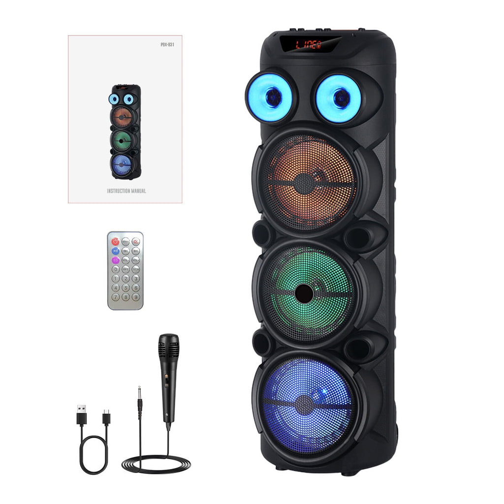 CURUK Portable Wireless Bluetooth Speaker Triple 8" Woofer PA System FM AUX TWS, MIC, RC, LED Light