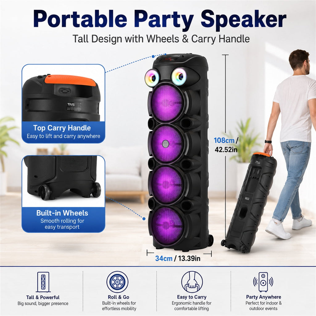 Lohoms Triple 8" Bluetooth Party Speaker, Portable Karaoke Machine & Outdoor PA Sound System with Powerful Stereo Sound, LED Lights, Wireless Mic, TWS Pairing, FM, USB, TF & AUX