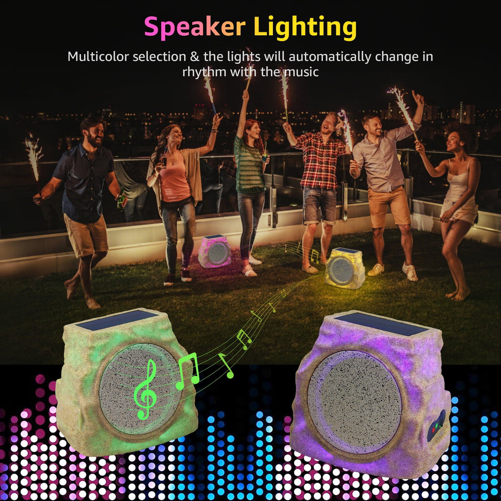 Postlucky 2-Pack Outdoor Solar Rock Speakers, Bluetooth, TWS Pairing, RGB LED Flashing, USB Charging, Waterproof, 8.1" Black