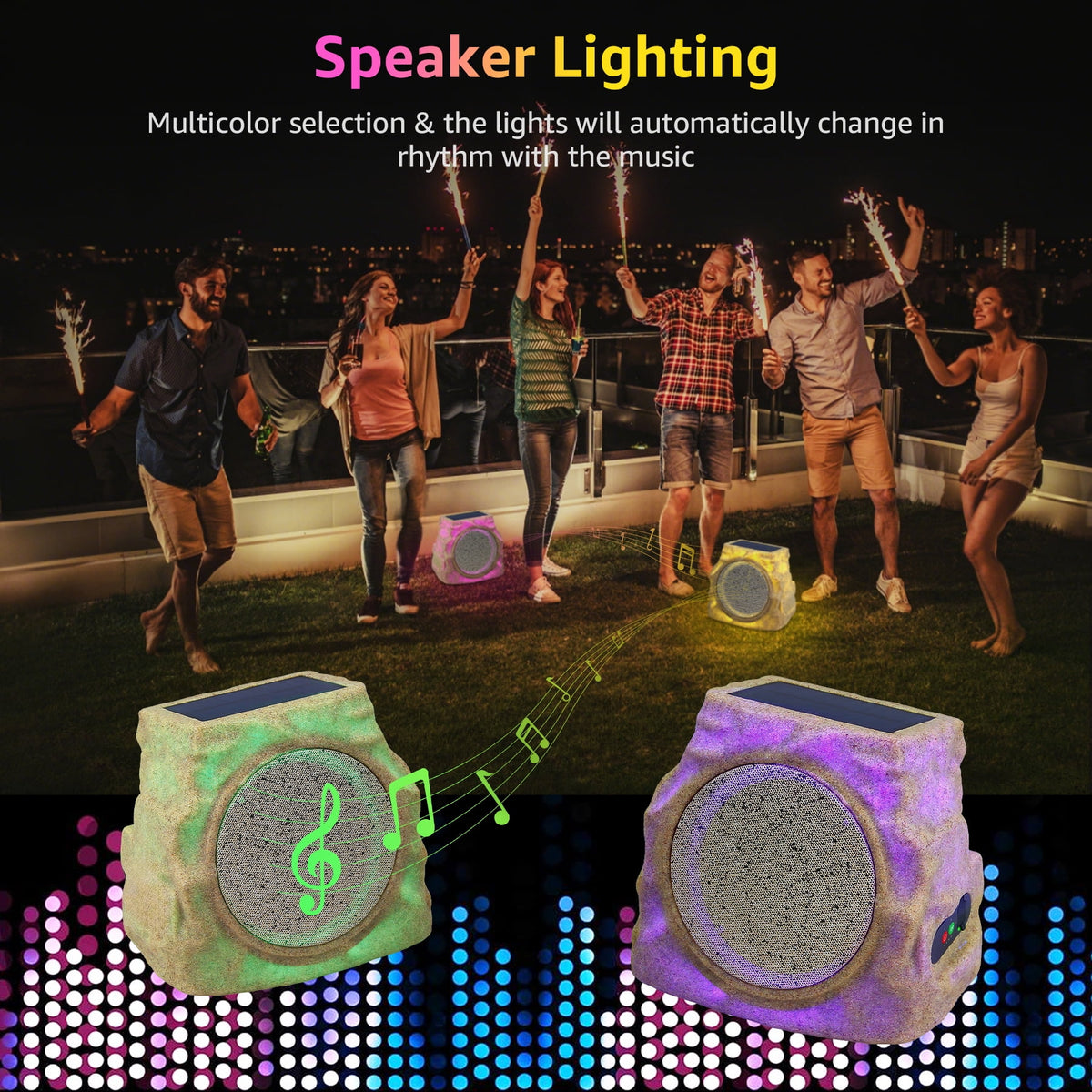 Postlucky 2-Pack Outdoor Solar Rock Speakers, Bluetooth, TWS Pairing, RGB LED Flashing, USB Charging, Waterproof, 8.1" Black