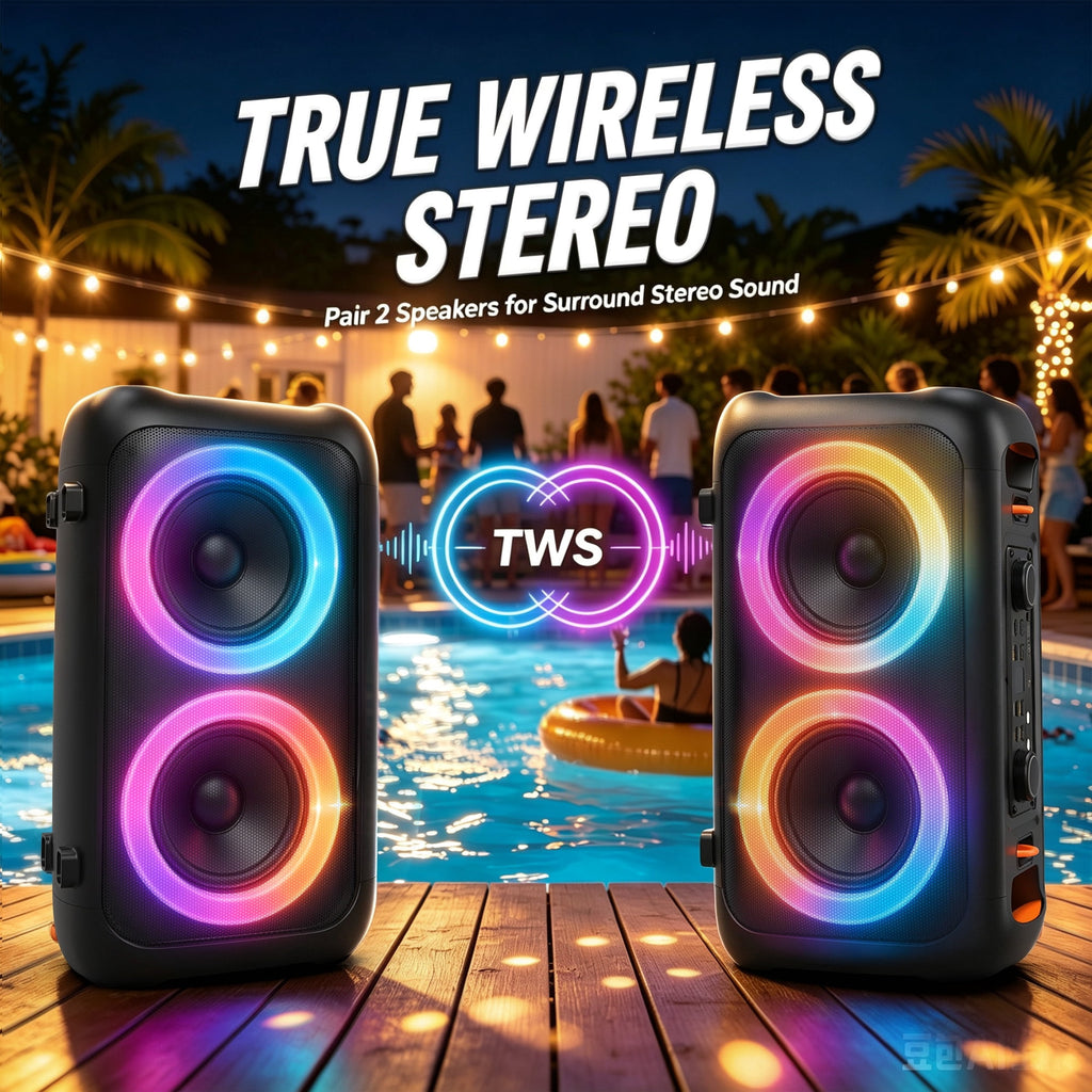 FRESHDEW Big Bluetooth Speakers with Microphone, Outdoor Party Speaker with Tws and EQ Control Aux Usb
