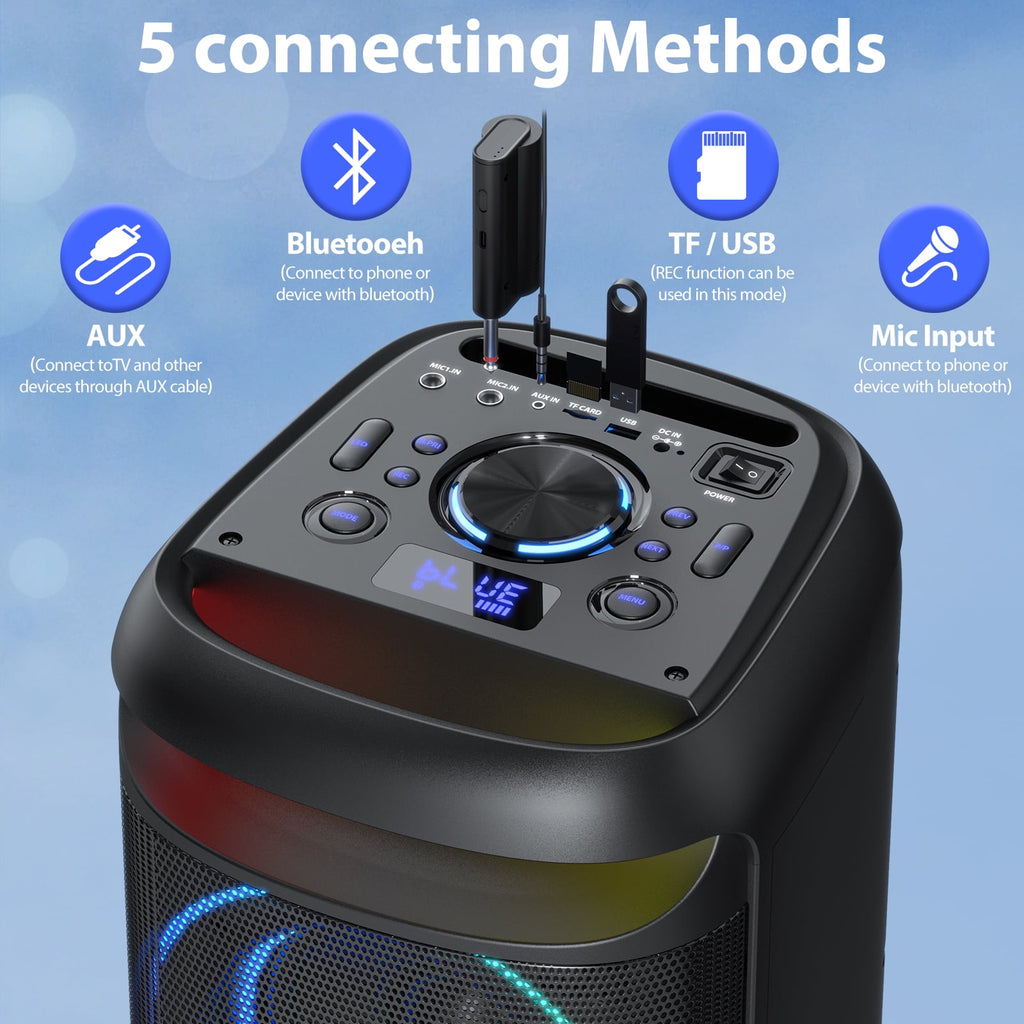 JAUYXIAN Large Party Speaker, Big Outdoor Speaker Bluetooth with DJ Lights for Singing Party