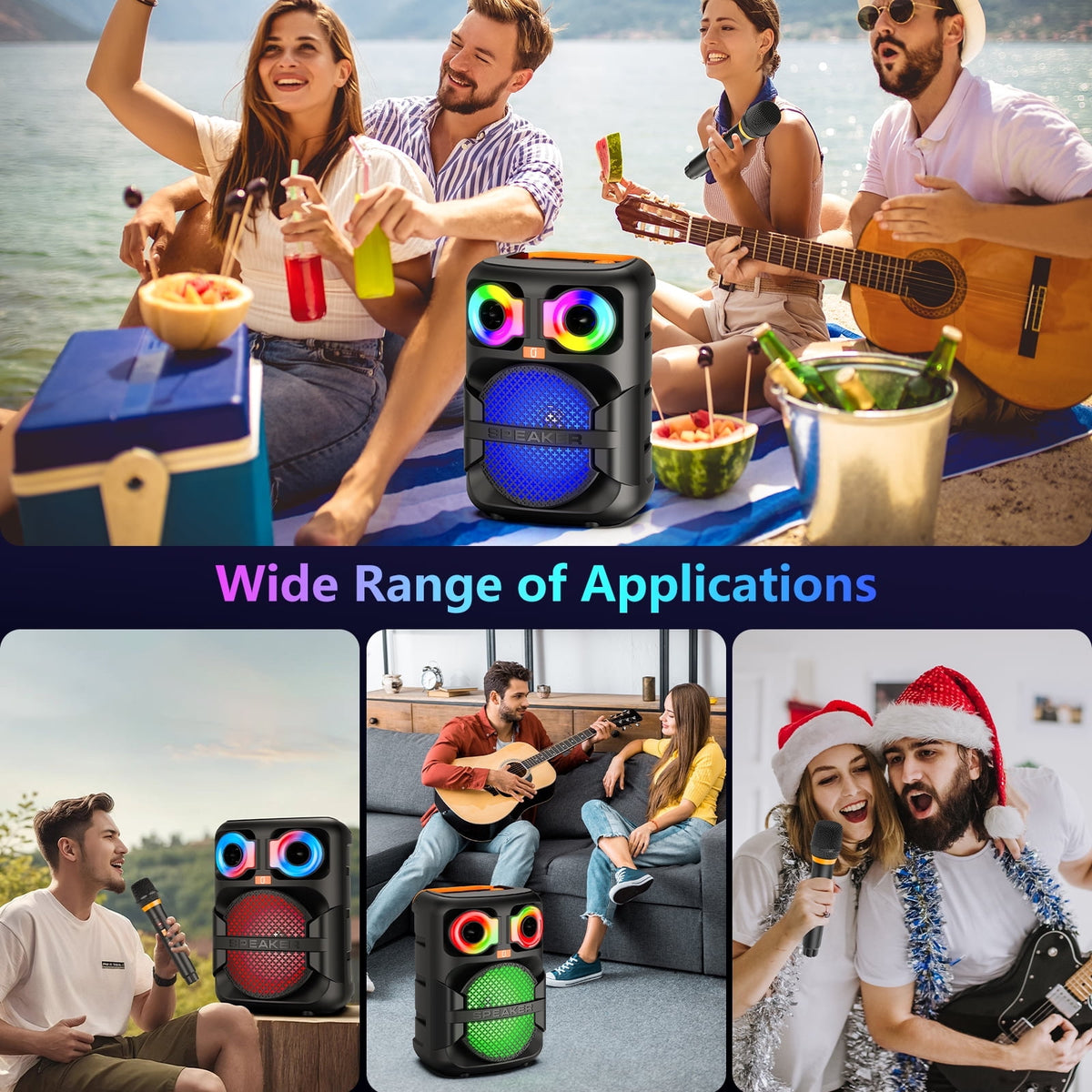 FanFun Bluetooth Speaker, Portable Party Speaker with 2 Microphones, LED Light, Deep Bass, T28-T