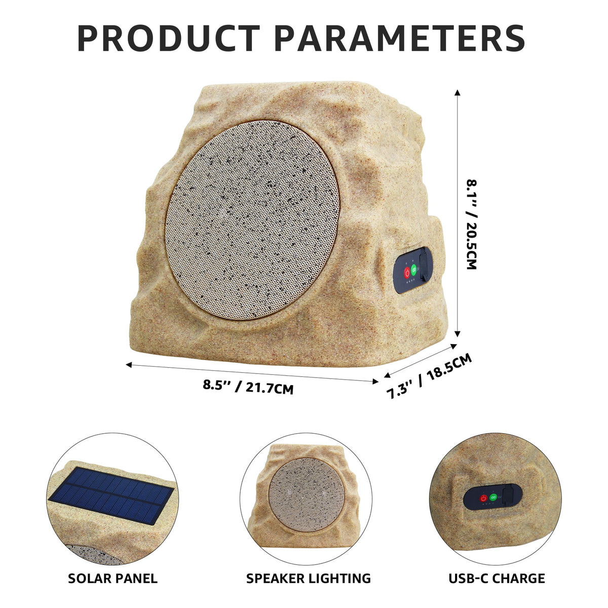 Postlucky 2 Pack Outdoor Solar Rock Speakers, Bluetooth, TWS Pairing, RGB LED Flashing, USB Charging, Waterproof, 7.3" Gray