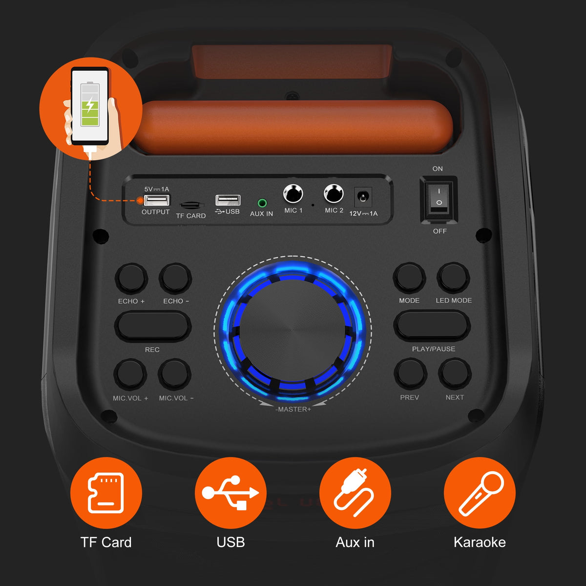 FanFun Portable Bluetooth Speaker with Microphones, Party Speaker with Lights, Remote Control, Powerful Loudspeaker, AUX Input, FM, REC