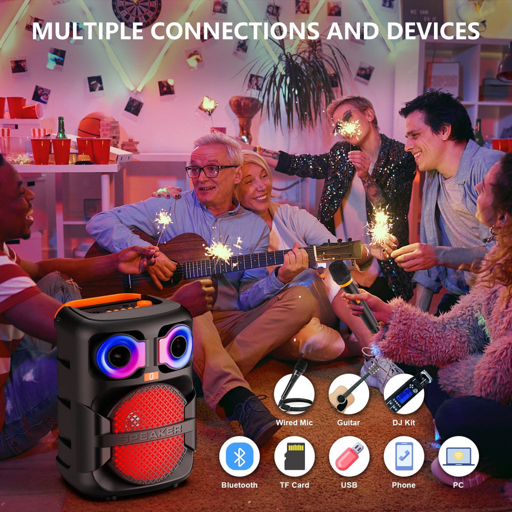 FanFun Bluetooth Speaker, Portable Party Speaker with 2 Microphones, LED Light, Deep Bass, T28-T