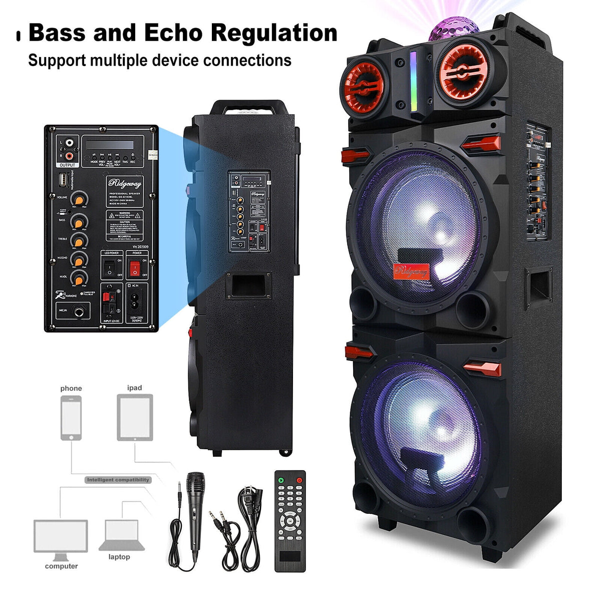 Dazone 4,500W Bluetooth Speaker Rechargable Dual 10" Woofer Party FM Karaok DJ LED AUX