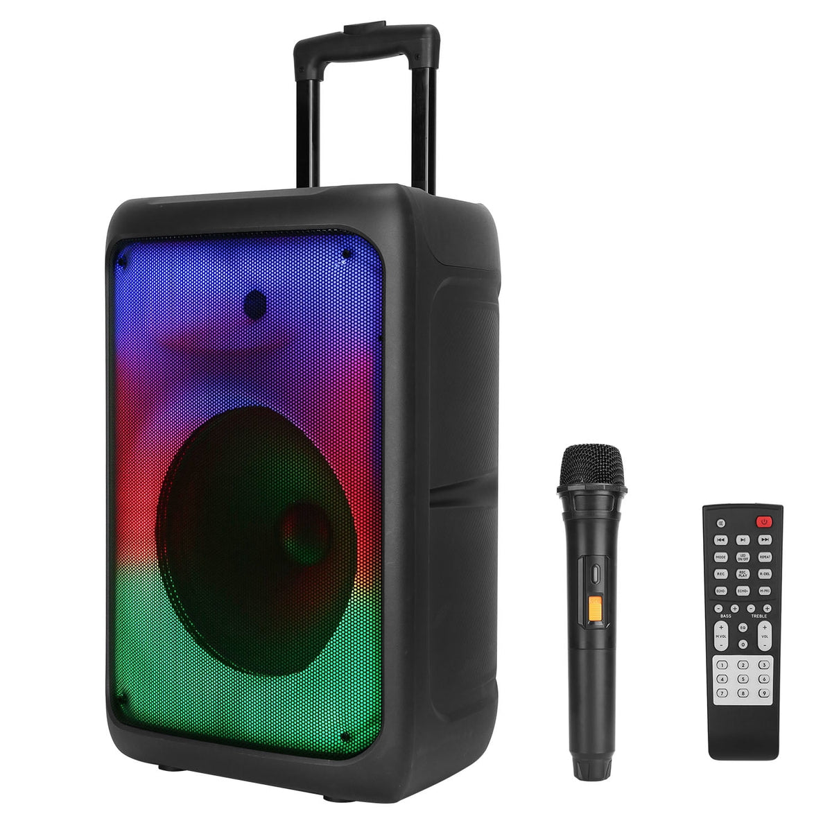 iMounTEK Portable Wireless Speakers on Wheels with Lights, Remote Control, TWS FM USB MMC Slot Aux In Recording Mic for Outdoor Party
