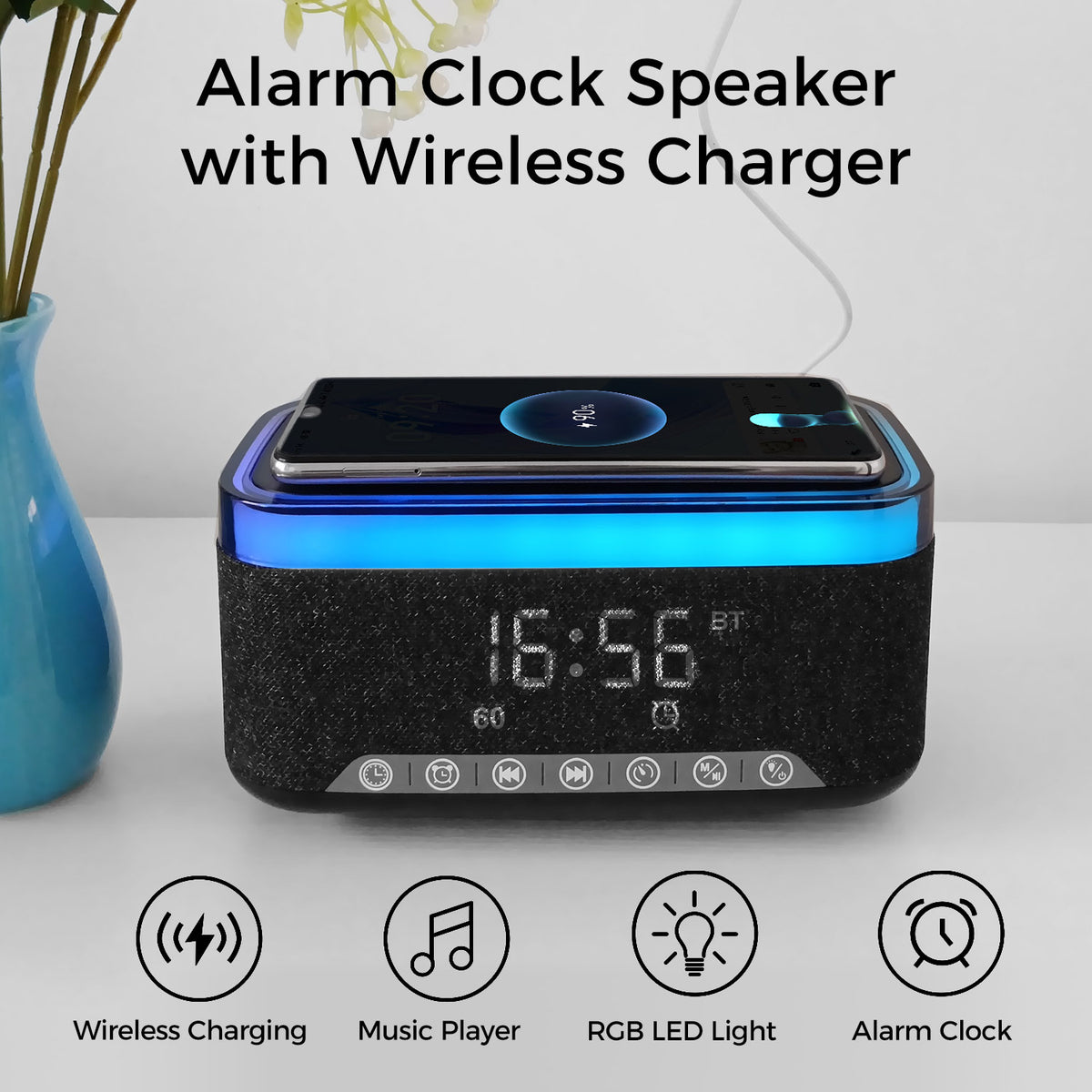 10W Bluetooth Stereo Speaker-Alarm Clock, Wireless Charging, RGB light