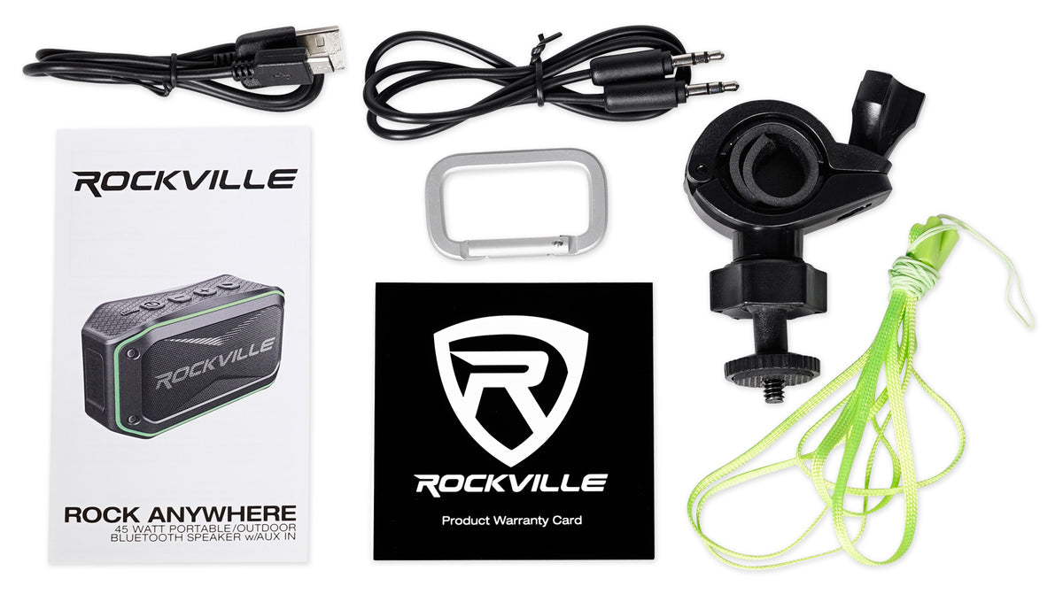 Rockville ROCK ANYWHERE 2-Pack Portable Bluetooth Speaker, 20W Output, 30-Hour Battery, IPX7 Waterproof, TWS Stereo, Includes Handlebar Mount, Cables