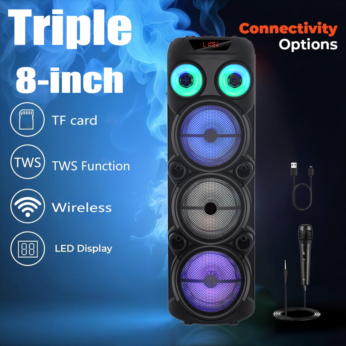 CURUK Portable Wireless Bluetooth Speaker Triple 8" Woofer PA System FM AUX TWS, MIC, RC, LED Light