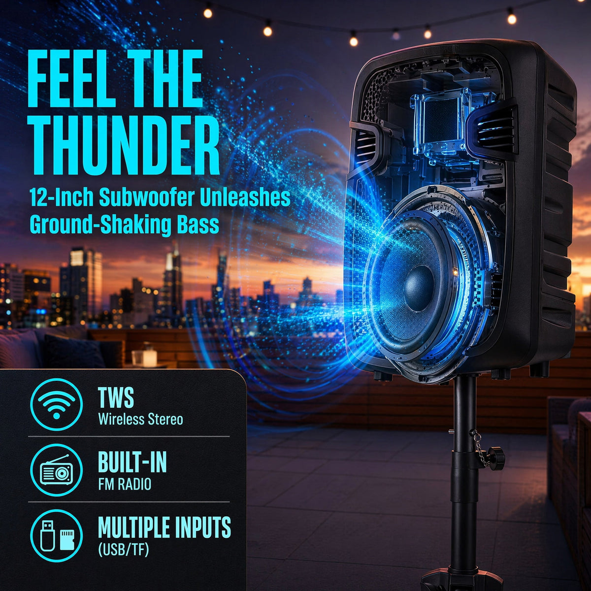 Dazone 12" Portable Bluetooth Party Speaker Heavy Bass Sound System FM AUX w/Microphone & Remote