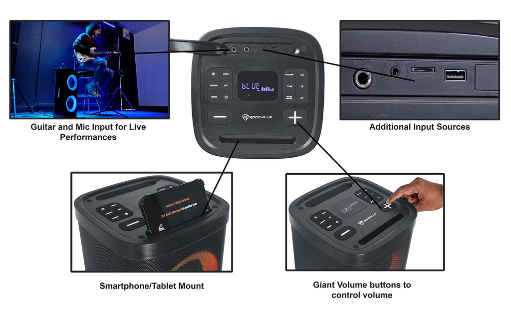 Rockville BASS PARTY 65 V2 1200w Battery Powered LED Bluetooth Speaker Mic Input