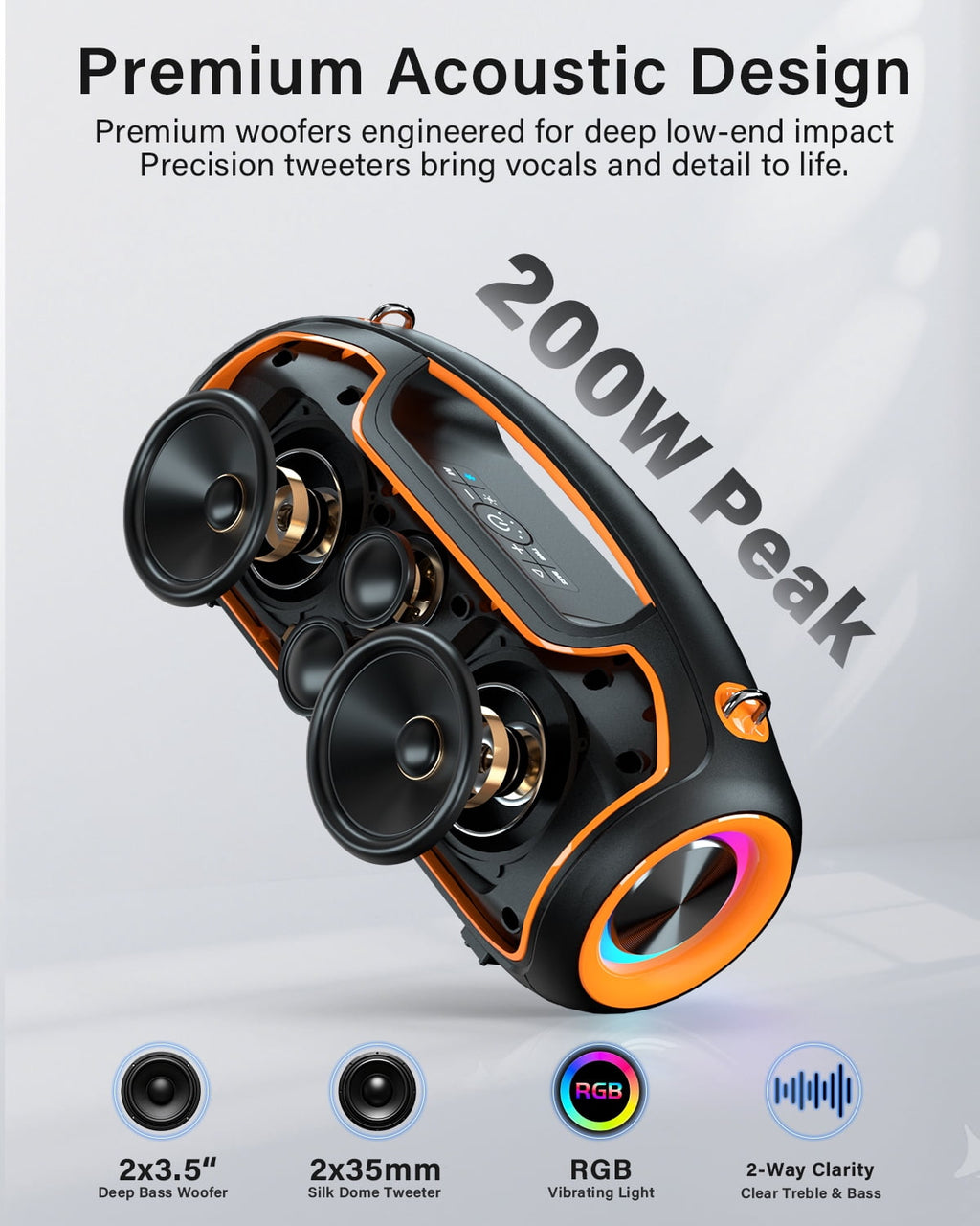 Upgrade Portable Bluetooth Speakers Wireless, 200W PEAK Loud Outdoor Speaker with Deep Bass, IP65 Waterproof, BT5.4, USB-C, RGB Lights, for Party, Camping, Beach, Large Workshop, Garage, 24H Playtime
