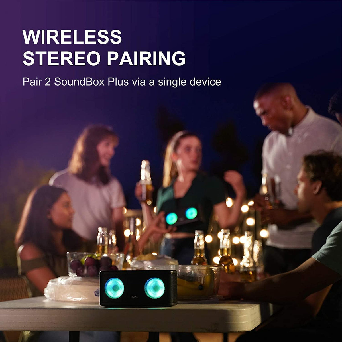 DOSS Portable Wireless Bluetooth Speaker with 24W Stereo Sound and Deep Bass, Seamless Waterproof Design, Stereo Paring, Party Lights, 24H Playtime, Speaker for Home, Outdoor and Office