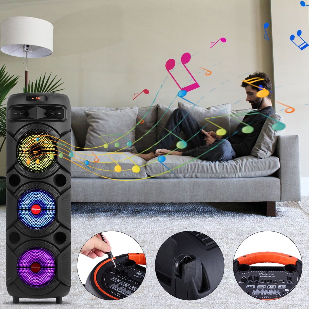 RIDWIND 4000W Peak Power Bluetooth Speakers Portable Wireless Speaker with Double 6.5 inch Subwoofer Heavy Bass,FM Radio, Microphone, Lights, Remote Control TWS Stereo Sound System Speaker