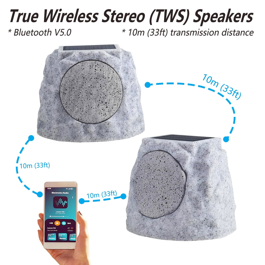 Postlucky 2-Pack Outdoor Solar Rock Speakers, Bluetooth, TWS Pairing, RGB LED Flashing, USB Charging, Waterproof, 8.1" Black