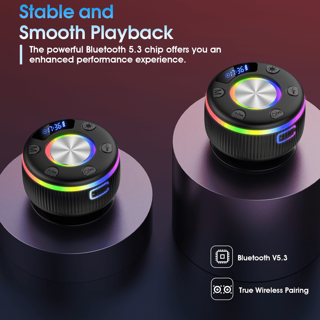 Bluetooth Shower Speaker, IPX7 Waterproof Wireless Speaker with Suction Cup, Time & Battery Display, Hands-Free Calls, 8–15H Playtime, 360° Sound Portable Mini Speaker for Bathroom and Travel