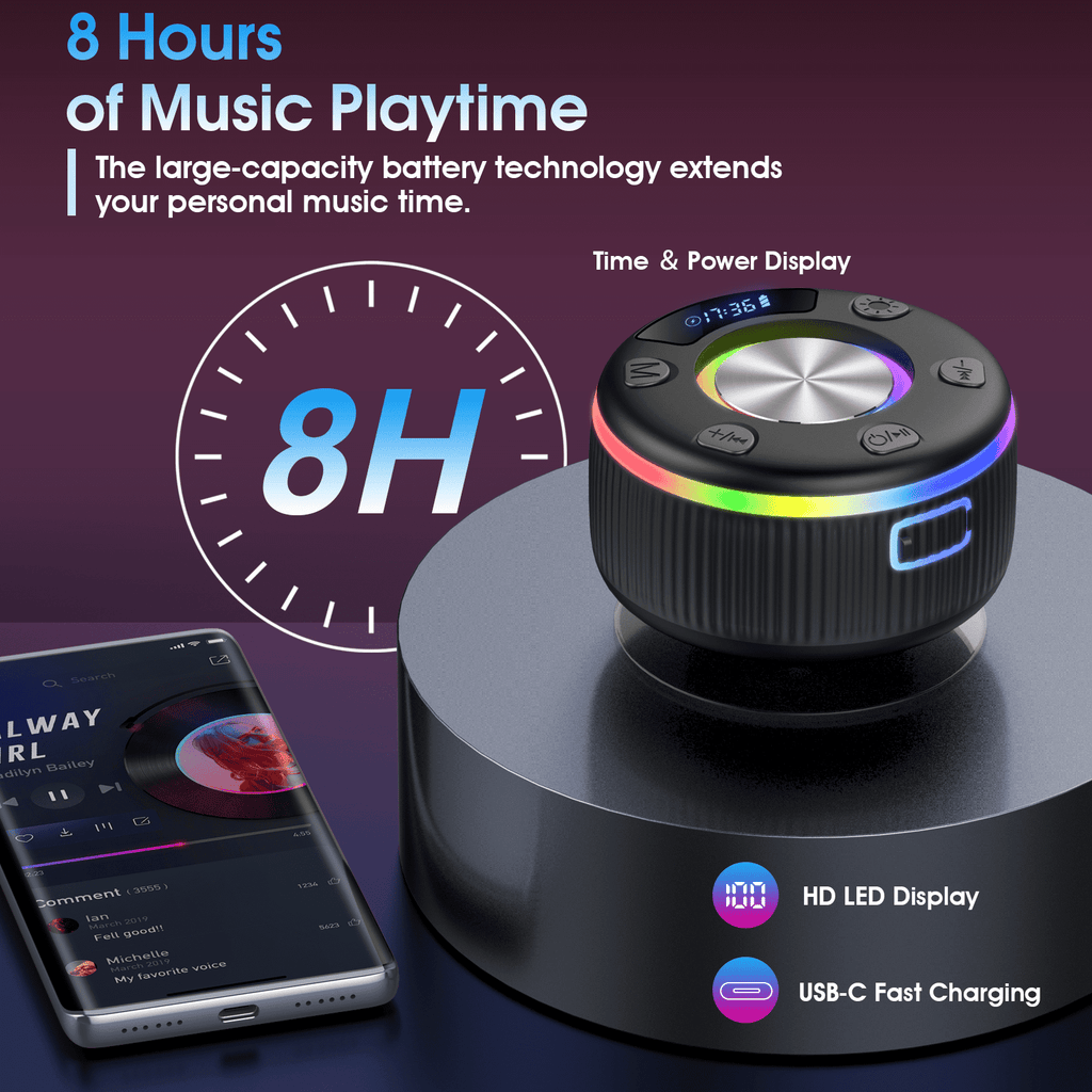 Bluetooth Shower Speaker, IPX7 Waterproof Wireless Speaker with Suction Cup, Time & Battery Display, Hands-Free Calls, 8–15H Playtime, 360° Sound Portable Mini Speaker for Bathroom and Travel