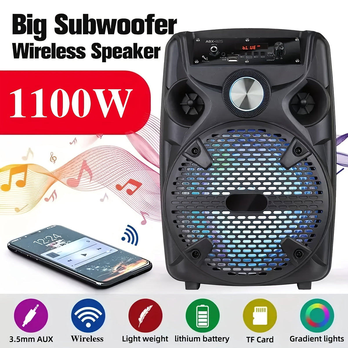 1100W Portable PA Speaker with 8" Subwoofer, Bluetooth, 7-Color LED, Rechargeable Battery, USB/SD/AUX, Includes Wired Mic & Stand for Outdoor Party
