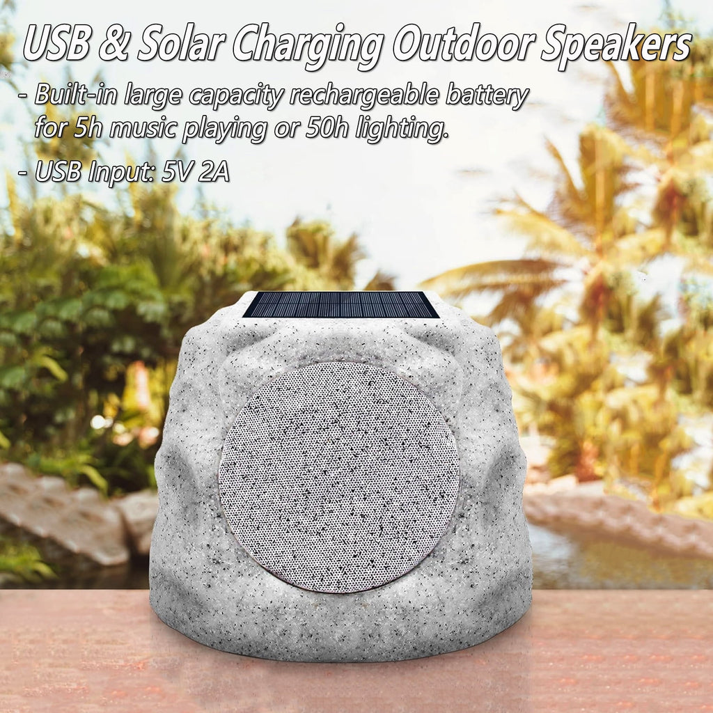 Postlucky 2-Pack Outdoor Solar Rock Speakers, Bluetooth, TWS Pairing, RGB LED Flashing, USB Charging, Waterproof, 8.1" Black
