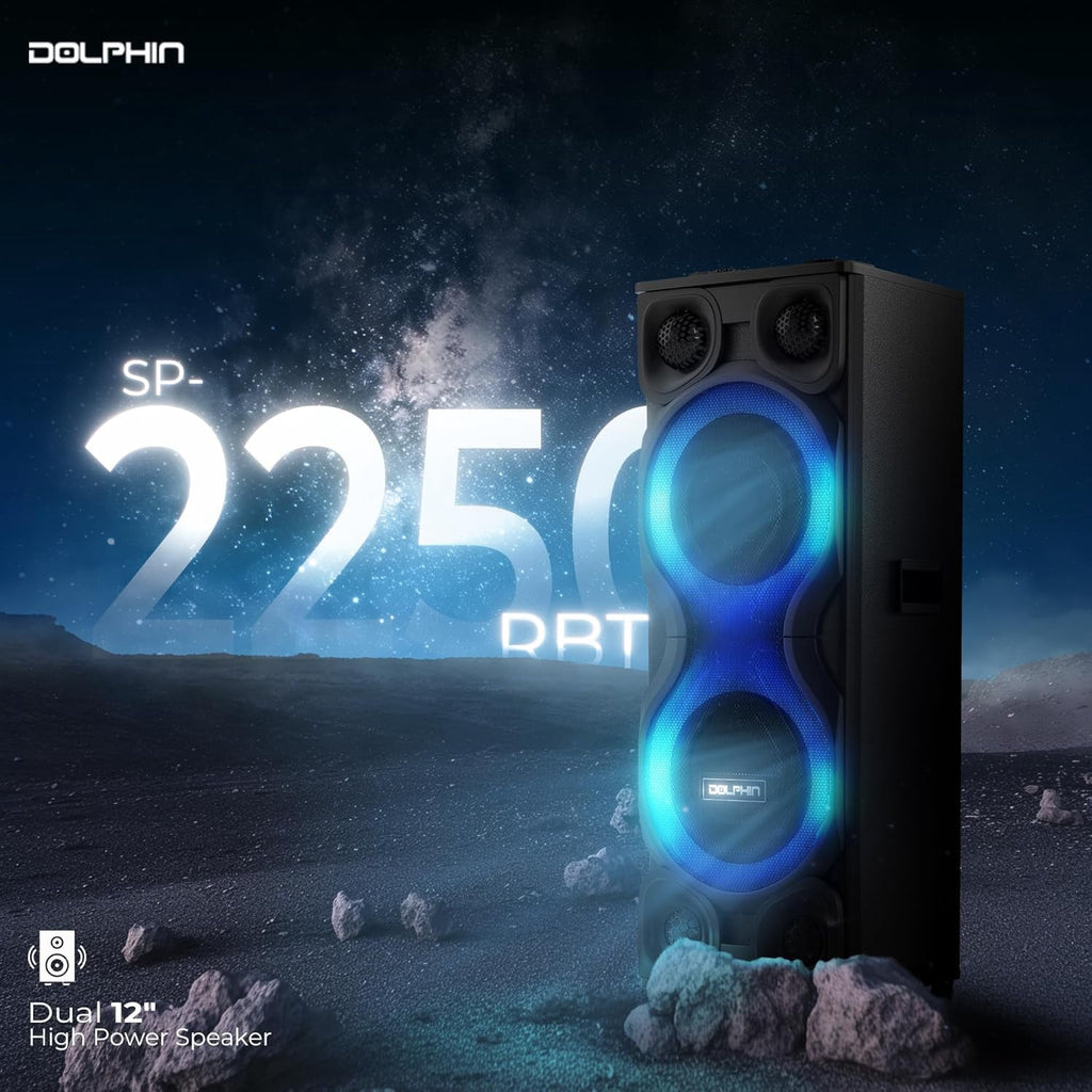 Dolphin SP-2250RBT High-Power Big Party Speaker – X-BASS, Strobe & LED Infinity Lights, Bluetooth, Wood Cabinet MDF, 2 UHF Wireless Mics, 120W, Long-Lasting Battery for DJ & Karaoke