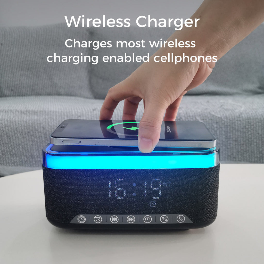 10W Bluetooth Stereo Speaker-Alarm Clock, Wireless Charging, RGB light
