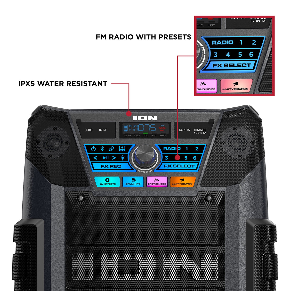 ION Audio Tailgater XL Portable All-Weather Speaker with 5-Speaker Sound, IPX5 Water-Resistant