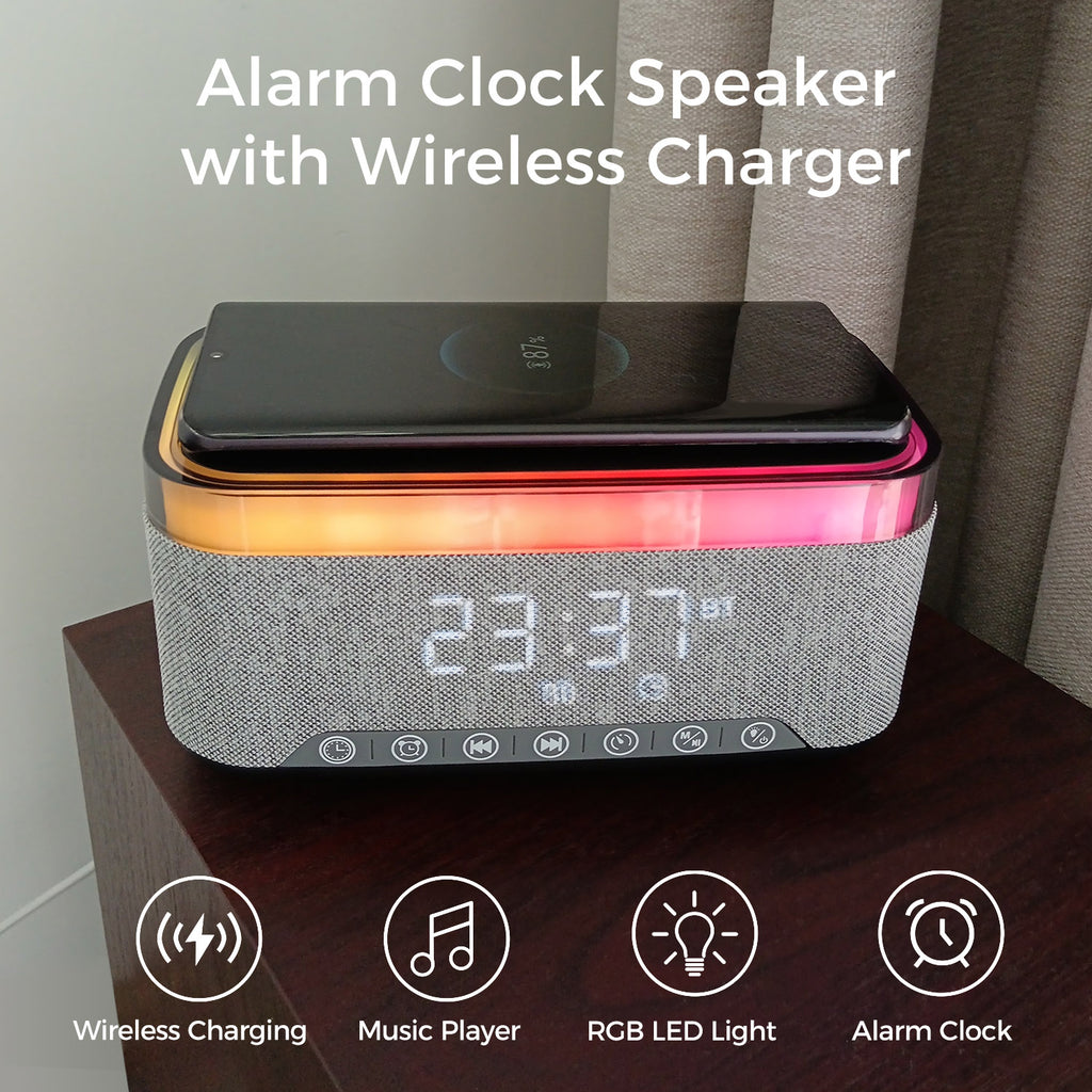 10W Bluetooth Stereo Speaker-Alarm Clock, Wireless Charging, RGB light