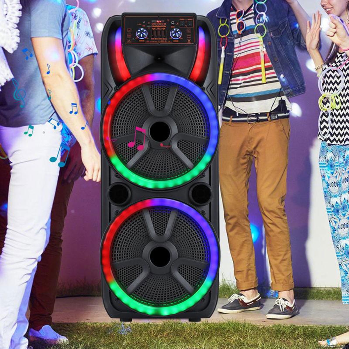 Lohoms Dual 15 inch Karaoke Speaker Party Speaker System W/ 2 Microphone Portable Party Box Loud Big Speaker Wireless Bluetooth Stereo Rechargeable Remote Control LED Lighting