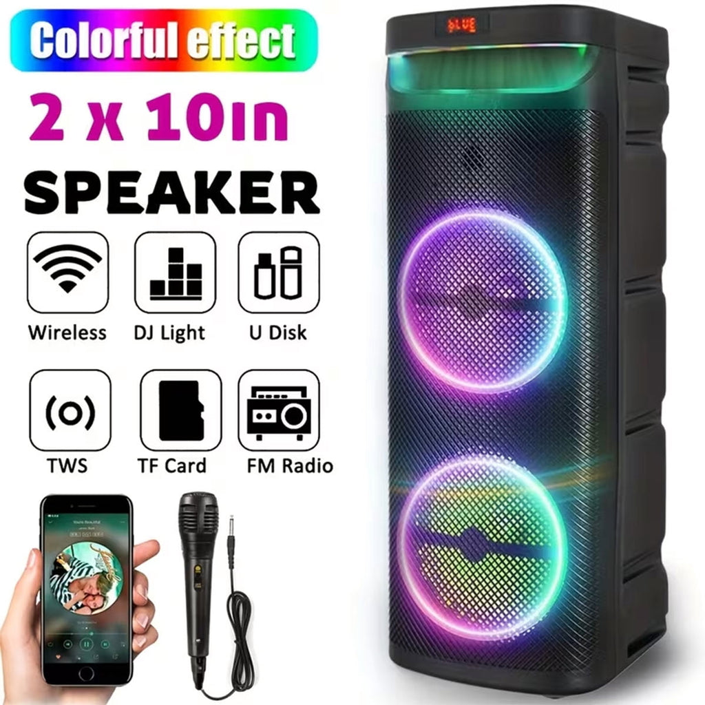 RIDWIND 5000W Peak Power Dual 10" Woofers Portable Party Speaker, Indoor & Outdoor Loud Heavy Bass Sound System with Microphone, RGB Lights, Remote Control, Support TWS/USB/FM, Rechargeable Battery