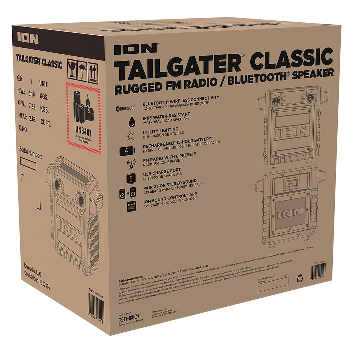 ION 22-Watt-RMS Tailgater Classic Portable Bluetooth Rechargeable Speaker with Link 2, FM, Light, IPX5, up to 15 Hours Play Time , Black/Red