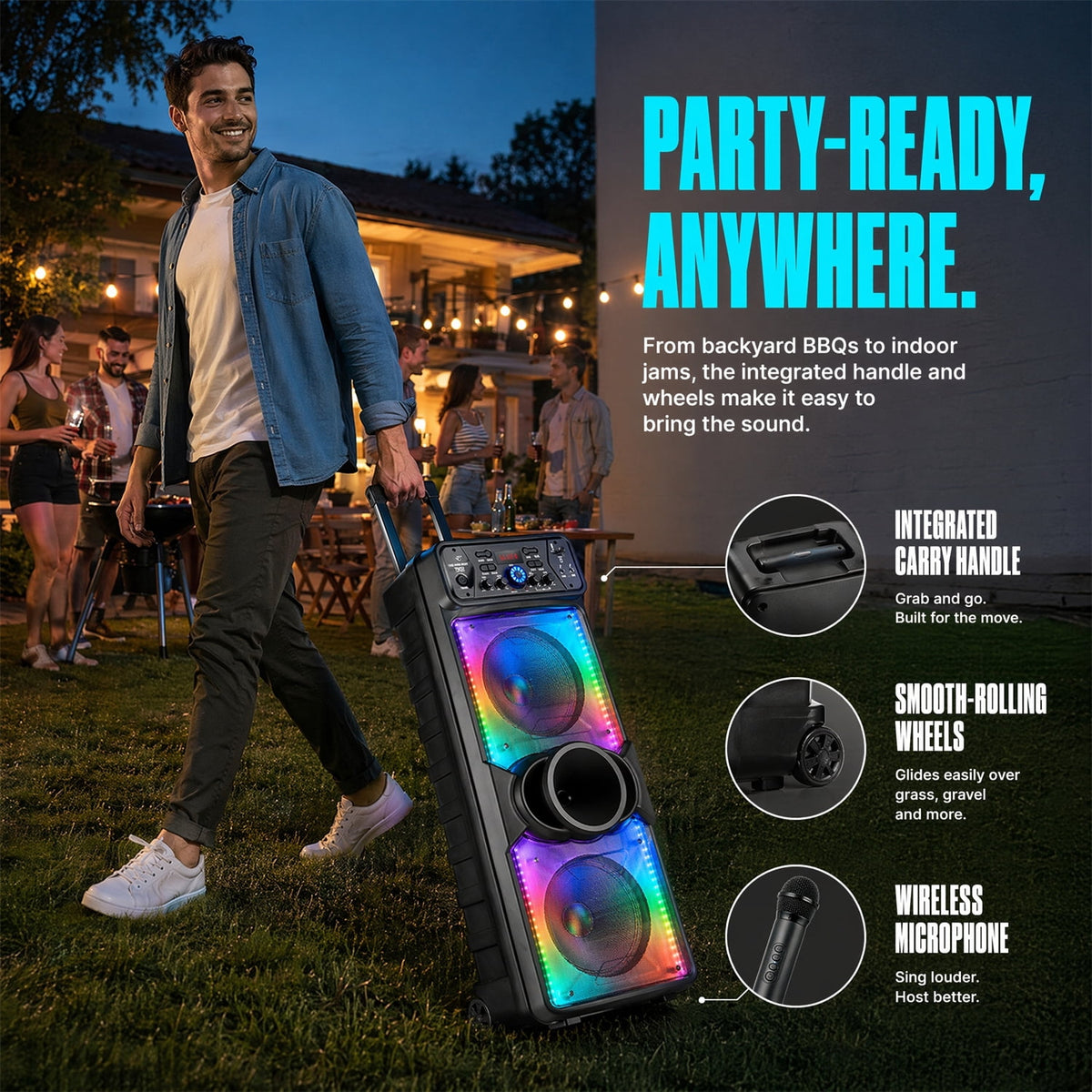 Dazone Dual 10" Bluetooth Speaker High Powered Rechagreable Wireless PA System Subwoofer Tweeter With AUX Microphone Karaoke LED Lights