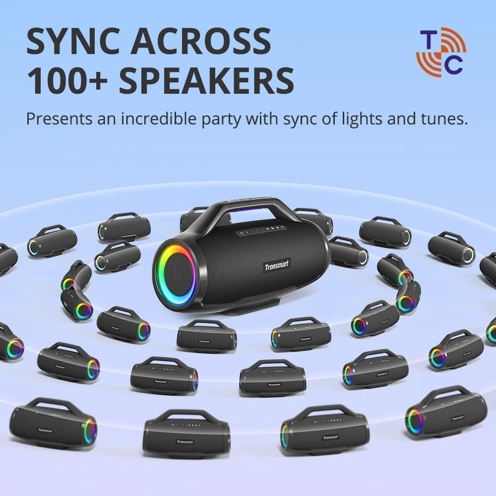 Tronsmart Bang Max 130W Bluetooth Party Speaker, IPX6 Waterproof, 24-Hour Battery, Custom EQ & Light Show, Bass boost, Sync 100+ Units Outdoor Portable Wireless Speaker for DJ & Poolside