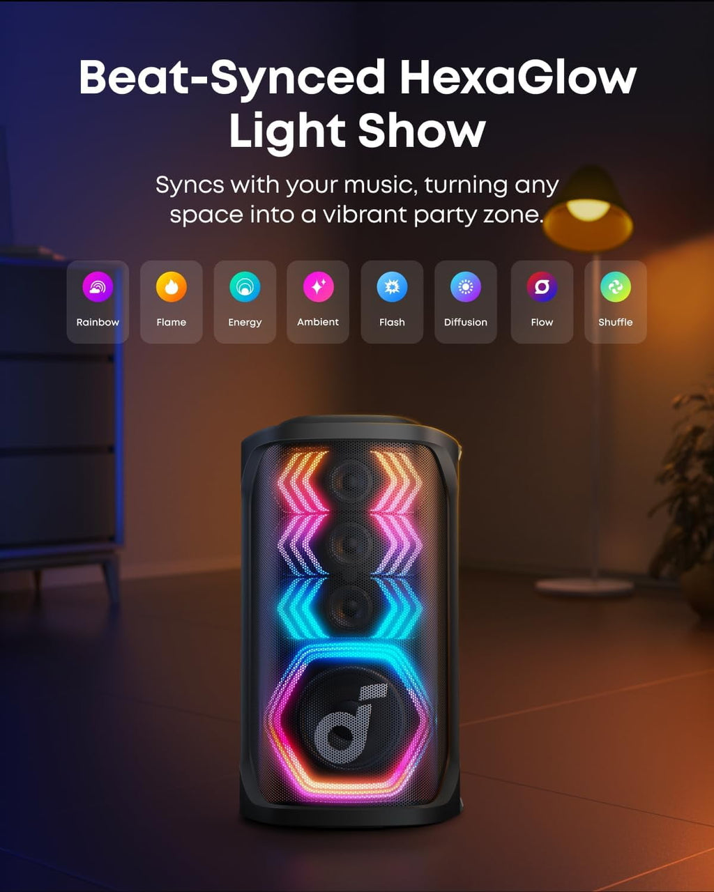 Soundcore Rave 3S Portable Bluetooth Speaker with 2 Wireless Mics, LED Lighting, Black