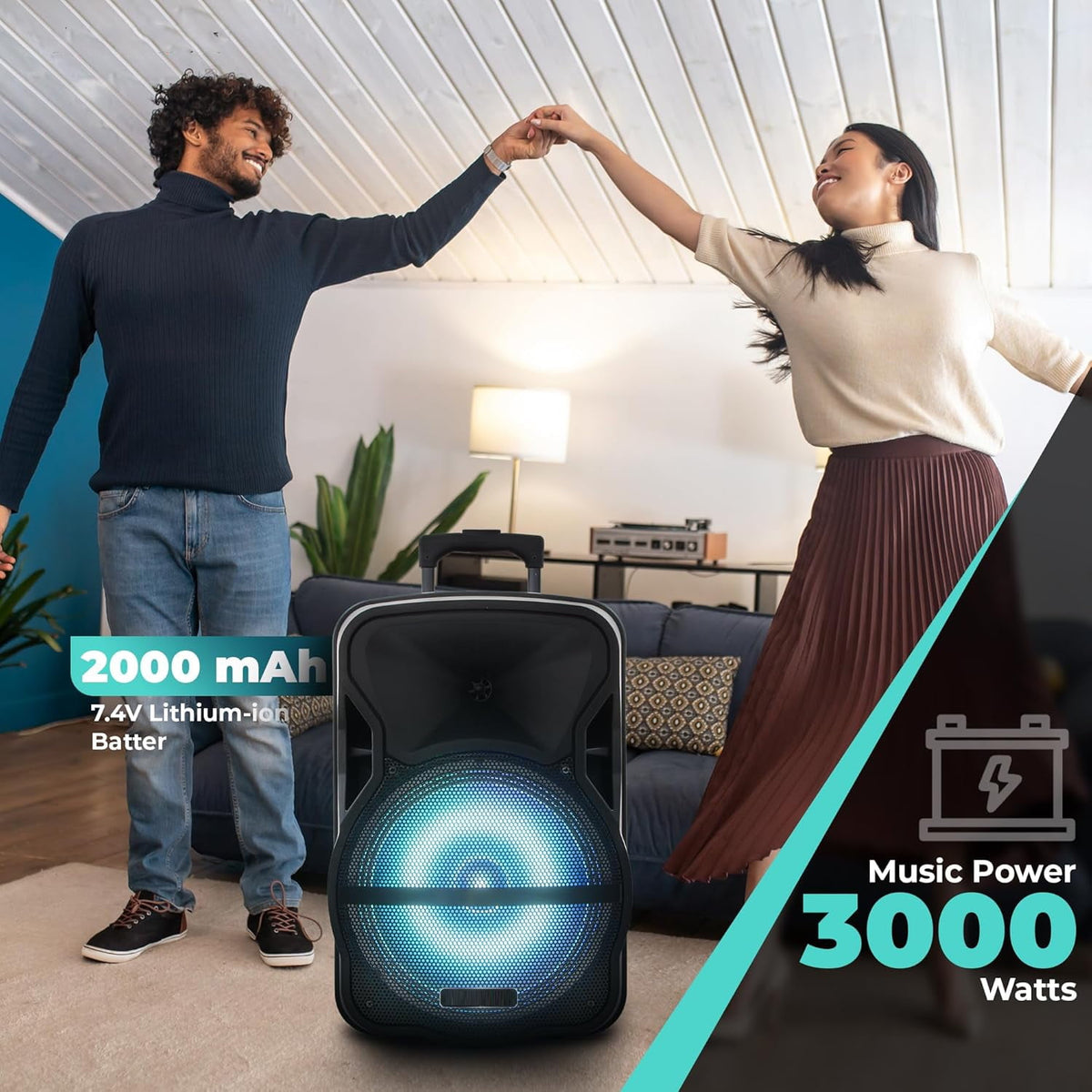RIDWIND 3000W Portable Bluetooth Speaker Indoor/Outdoor Loud 12" Subwoofer Heavy Bass Sound System With Party Lights Digital Display FM/AUX/MP3/USB/TF Tripod Stand Handle Wheels Microphone Remote
