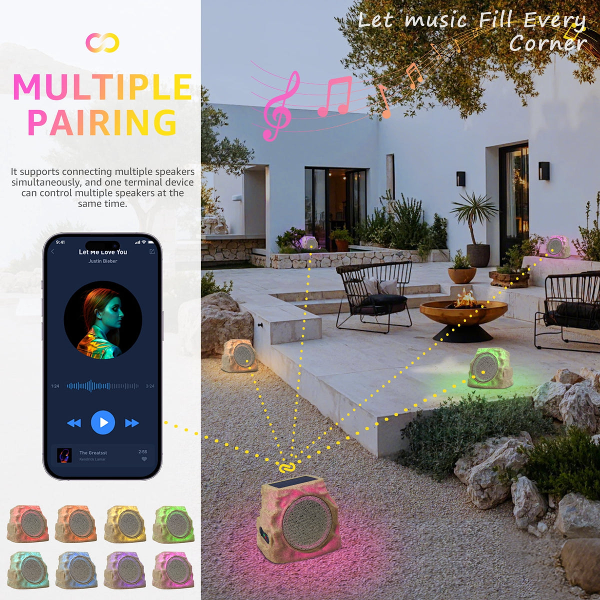 Postlucky 2-Pack Outdoor Solar Rock Speakers, Bluetooth, TWS Pairing, RGB LED Flashing, USB Charging, Waterproof, 8.1" Black