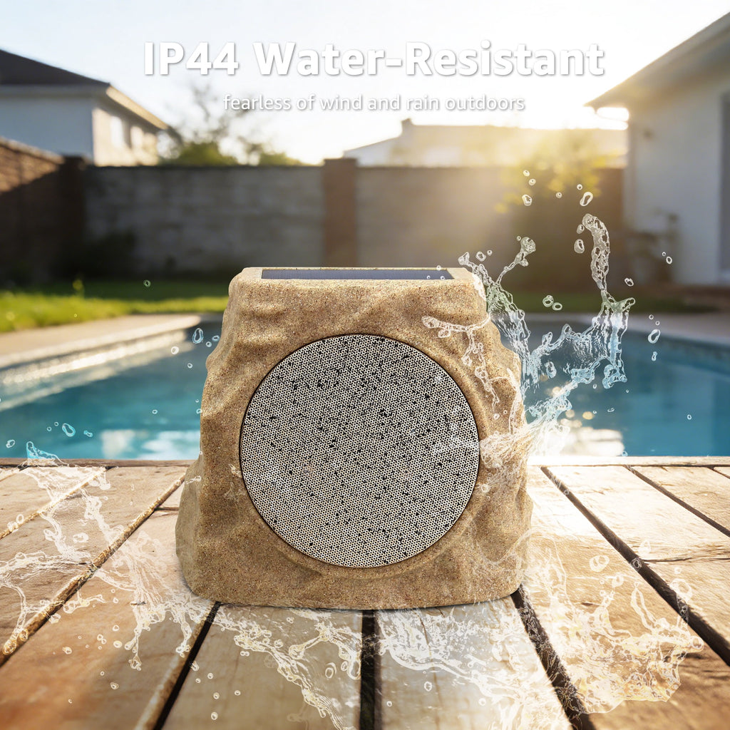 Postlucky 2-Pack Outdoor Solar Rock Speakers, Bluetooth, TWS Pairing, RGB LED Flashing, USB Charging, Waterproof, 8.1" Black