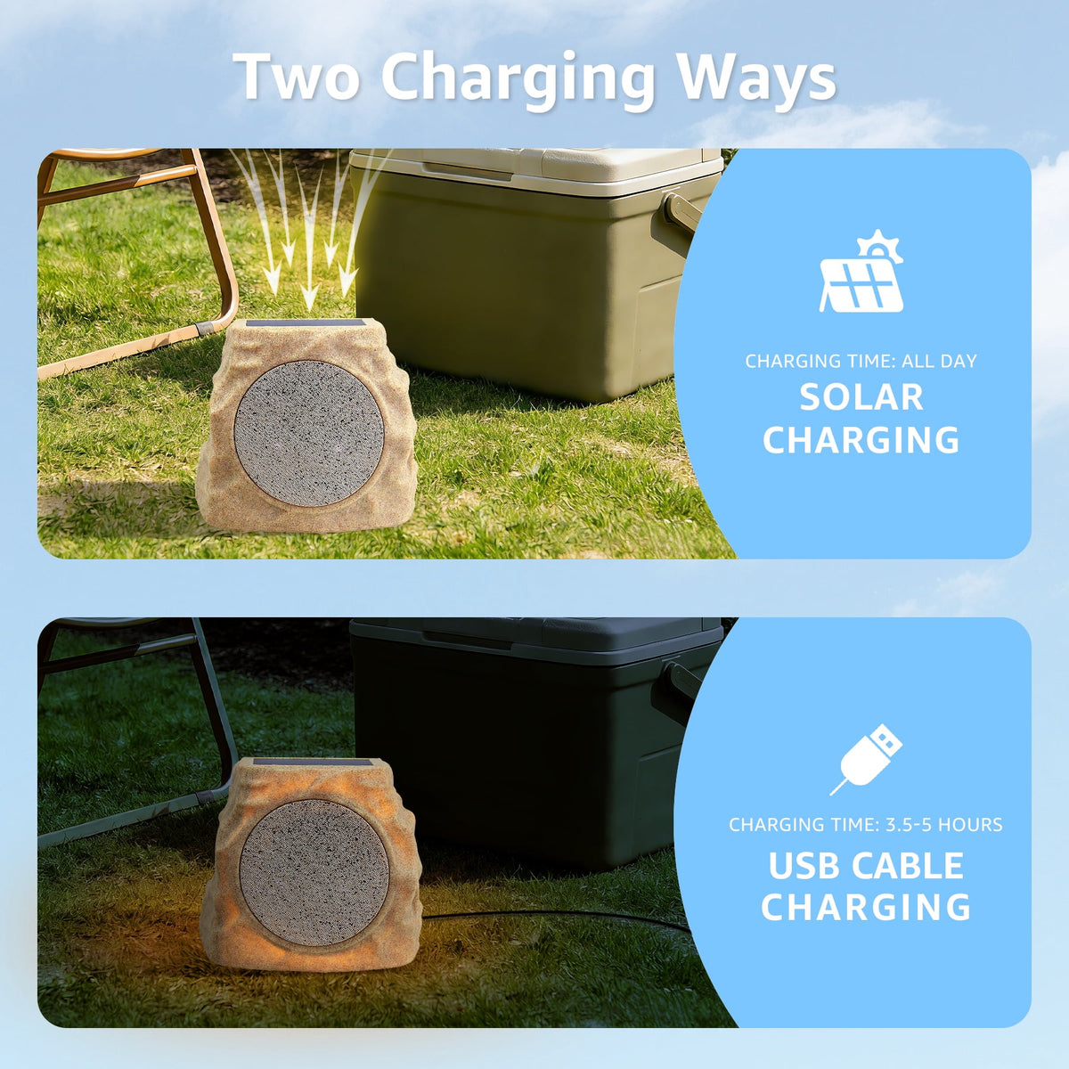 NiceBuy Outdoor Waterproof Solar Powered Bluetooth Rock Speakers with TWS Pairing and RGB Lights, 2 Pack