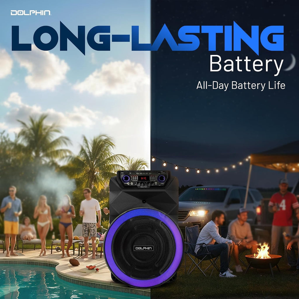 Dolphin SP-18RBT 18” Rechargeable Bluetooth Party Speaker – Deep Bass, High Power Sound, Wireless Microphones, USB/SD, AUX & Guitar Inputs, Extended Battery Life, 12V Input