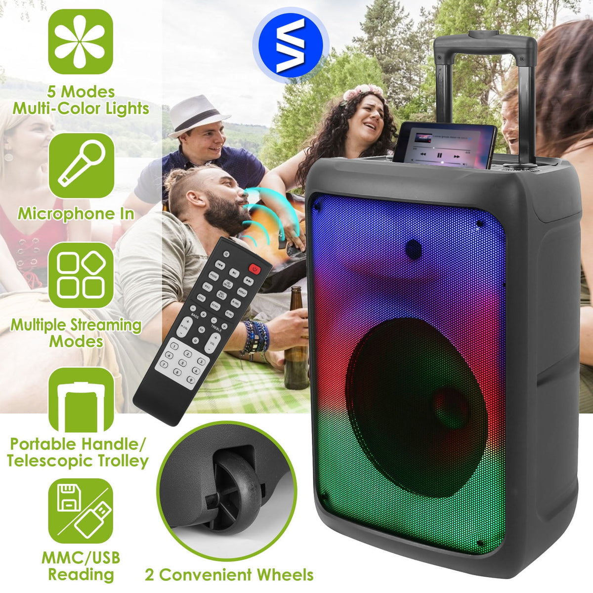 iMounTEK Portable Wireless Speakers on Wheels with Lights, Remote Control, TWS FM USB MMC Slot Aux In Recording Mic for Outdoor Party